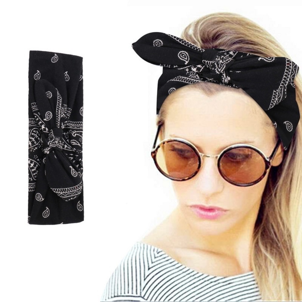 3/$28 Black Bandana Stretchy Bowknot Headband - Picture 2 of 16